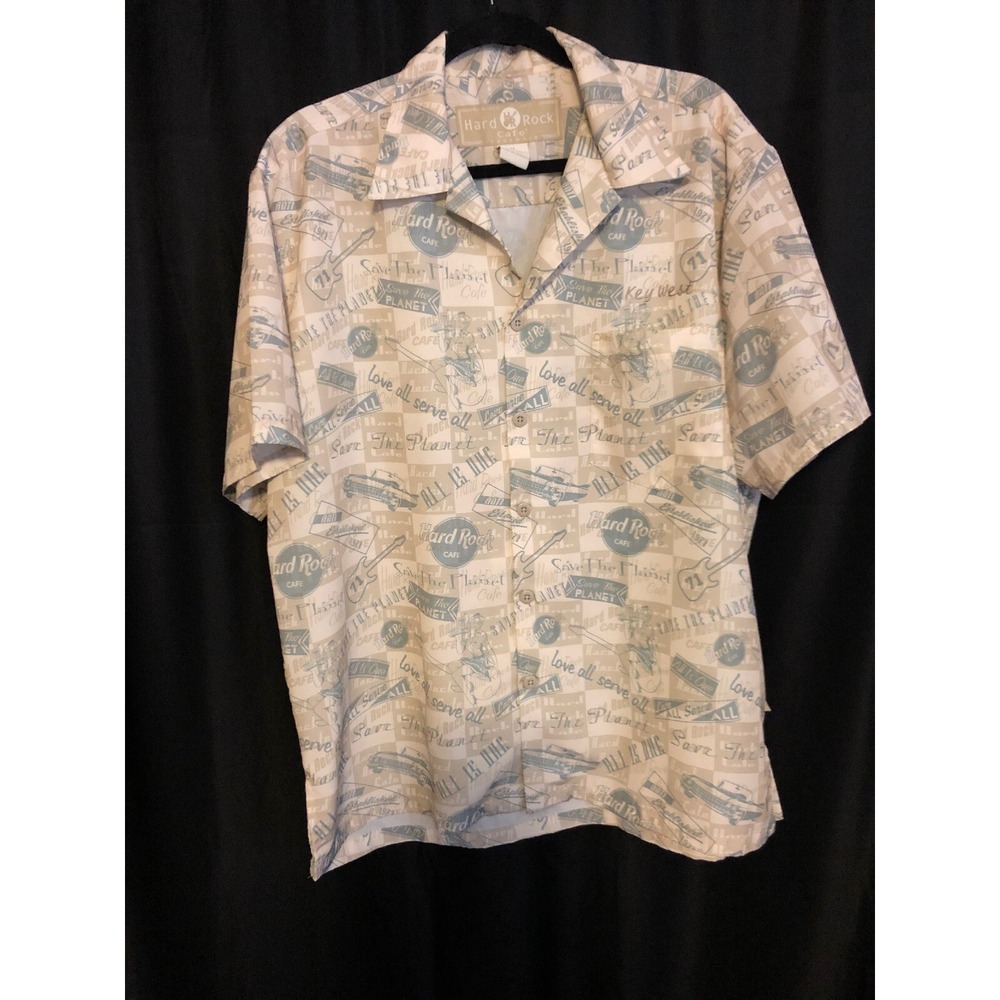 Hard Rock Cafe Button Up Shirt Mens Medium Tan Teal All Over Print‎ Excellent